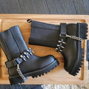 Killstar Deadman's Black Faux Leather Boots With Spiked Strap & Chain Detail-6